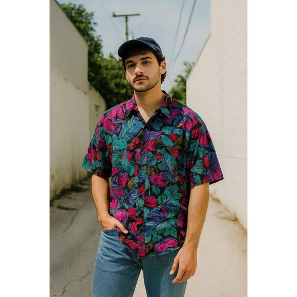 Vintage 1990s KD for Men Knickerbox Silk Shirt – Bold Floral Print, Short Sleeve - Picture 1 of 9
